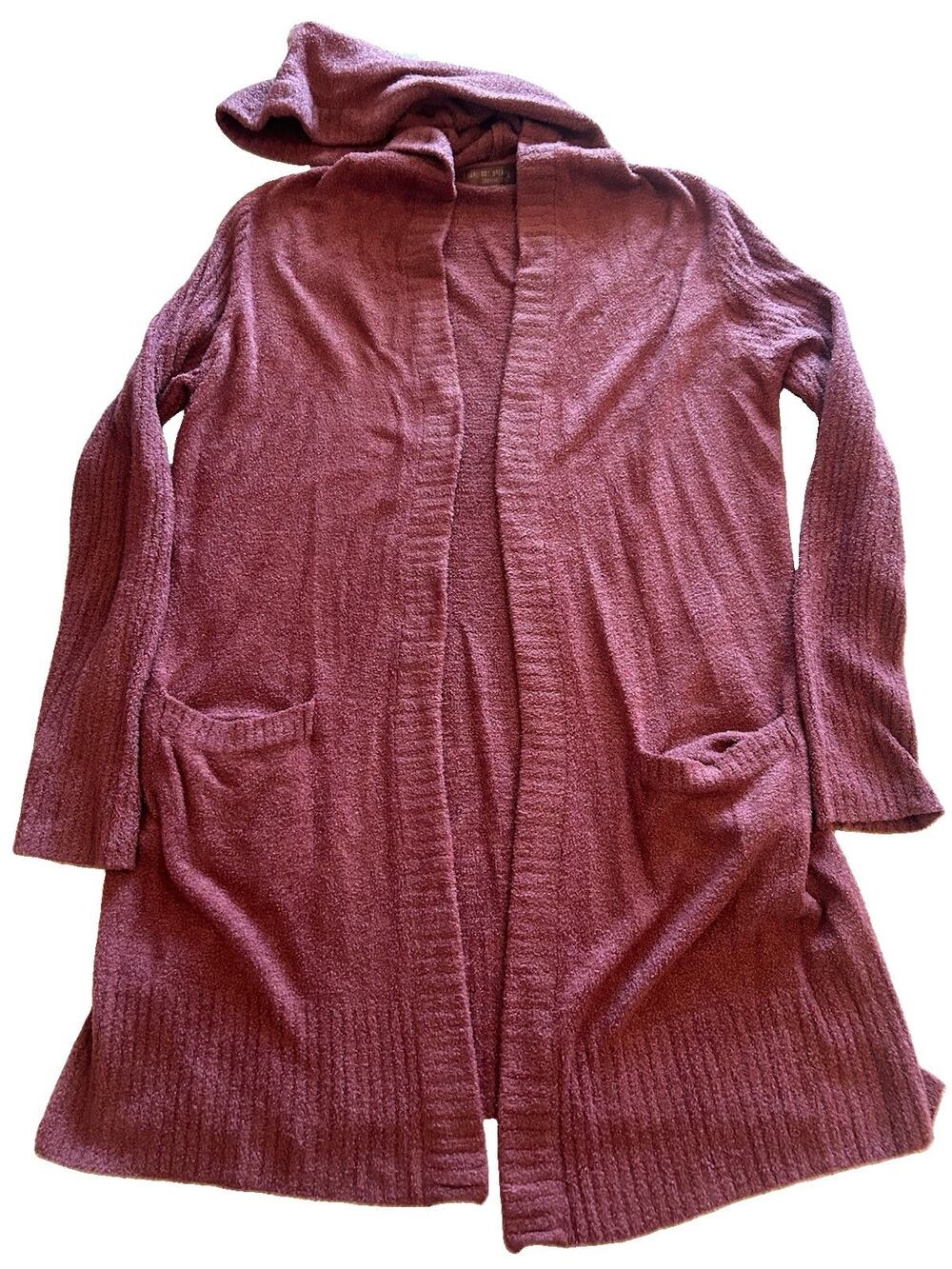 Barefoot Dreams Cozychic Lite Hooded Long Open Front Cardigan Burgundy Sz Large